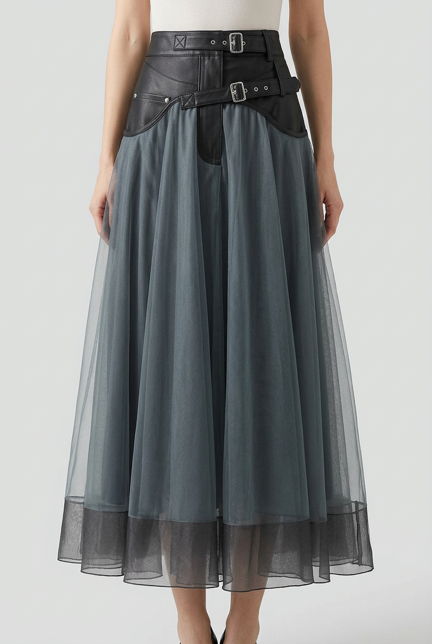 Tulle Maxi Skirt Grey High Waist Belted A-Line Women's – Party, Office, Casual, Evening Gift
