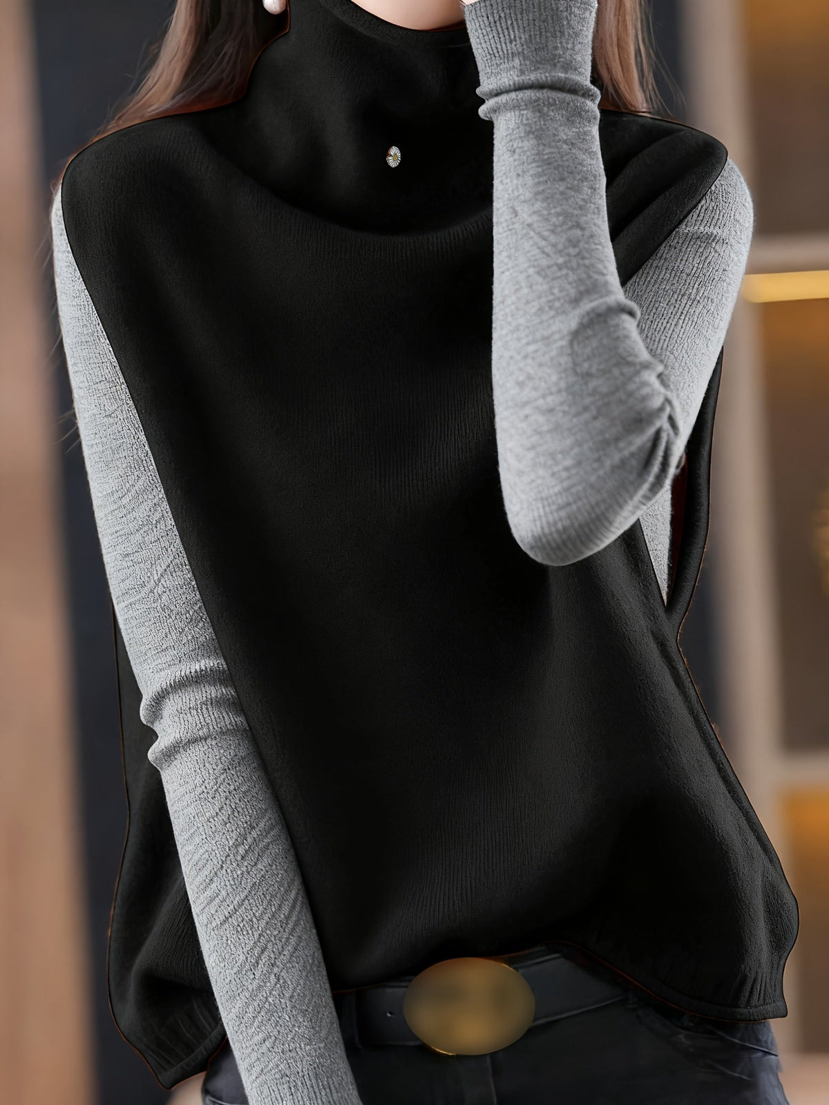 Turtleneck Fleece Top Black Grey Colour Block Women's Long Sleeve – Casual, Winter Layering