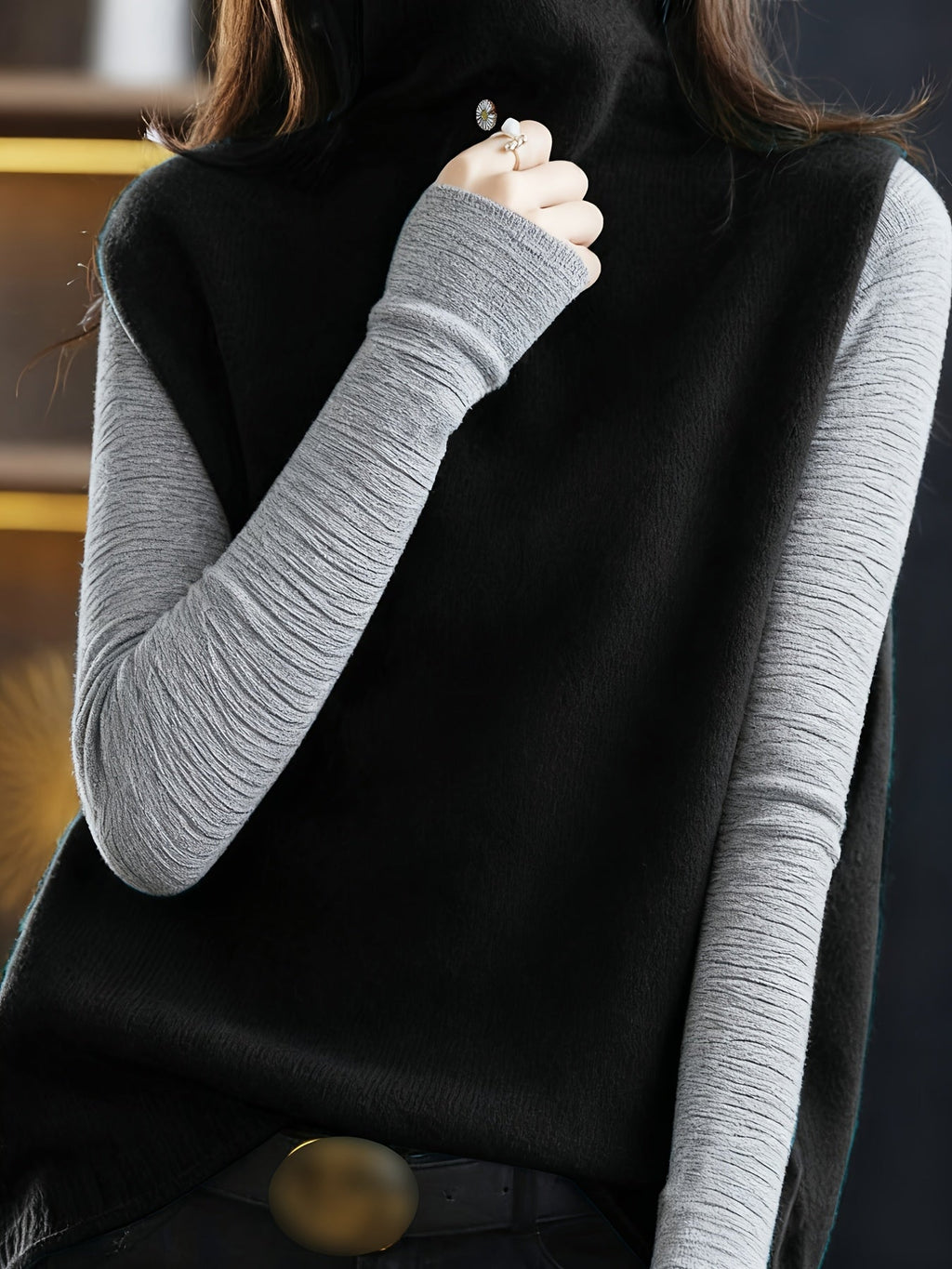 Turtleneck Fleece Top Black Grey Colour Block Women's Long Sleeve – Casual, Winter Layering