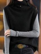 Turtleneck Fleece Top Black Grey Colour Block Women's Long Sleeve – Casual, Winter Layering