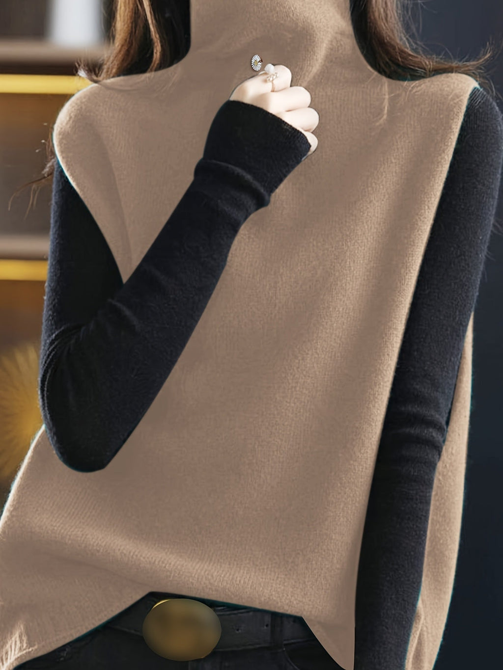 Turtleneck Fleece Top Black Grey Colour Block Women's Long Sleeve – Casual, Winter Layering