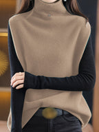 Turtleneck Fleece Top Black Grey Colour Block Women's Long Sleeve – Casual, Winter Layering