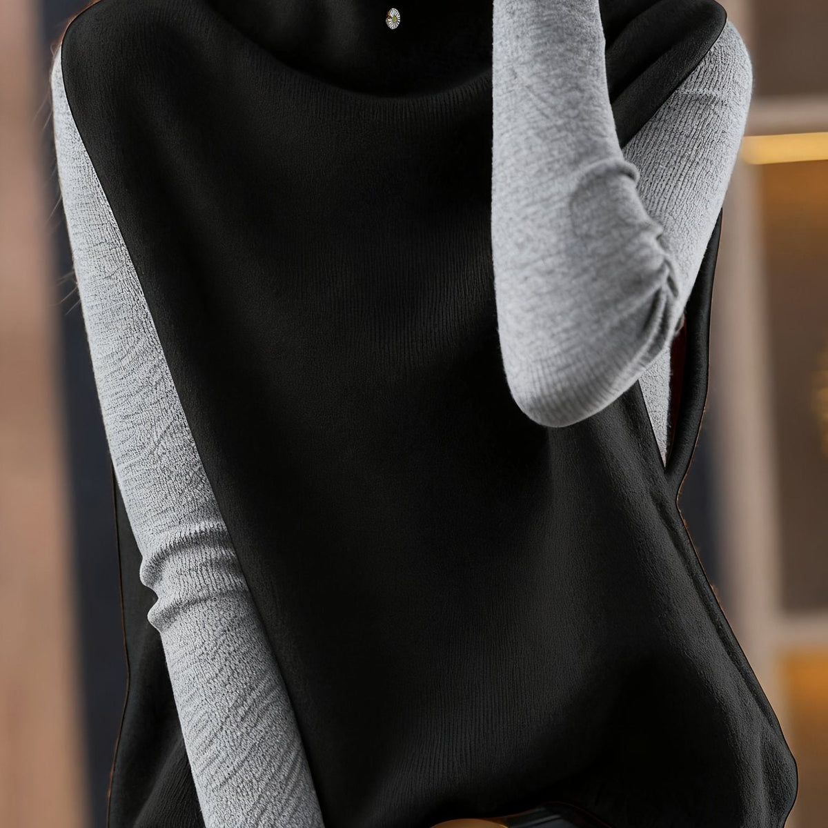 Turtleneck Fleece Top Black Grey Colour Block Women's Long Sleeve – Casual, Winter Layering
