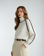 Turtleneck Jumper Brown Contrast Trim Women's Knit Sweater – Casual, Office, Holiday, Gift