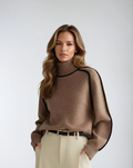 Turtleneck Jumper Brown Contrast Trim Women's Knit Sweater – Casual, Office, Holiday, Gift