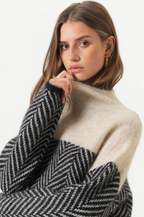 Turtleneck Jumper Chevron Knit Camel Black Women's – Casual, Office, Holiday, Gift