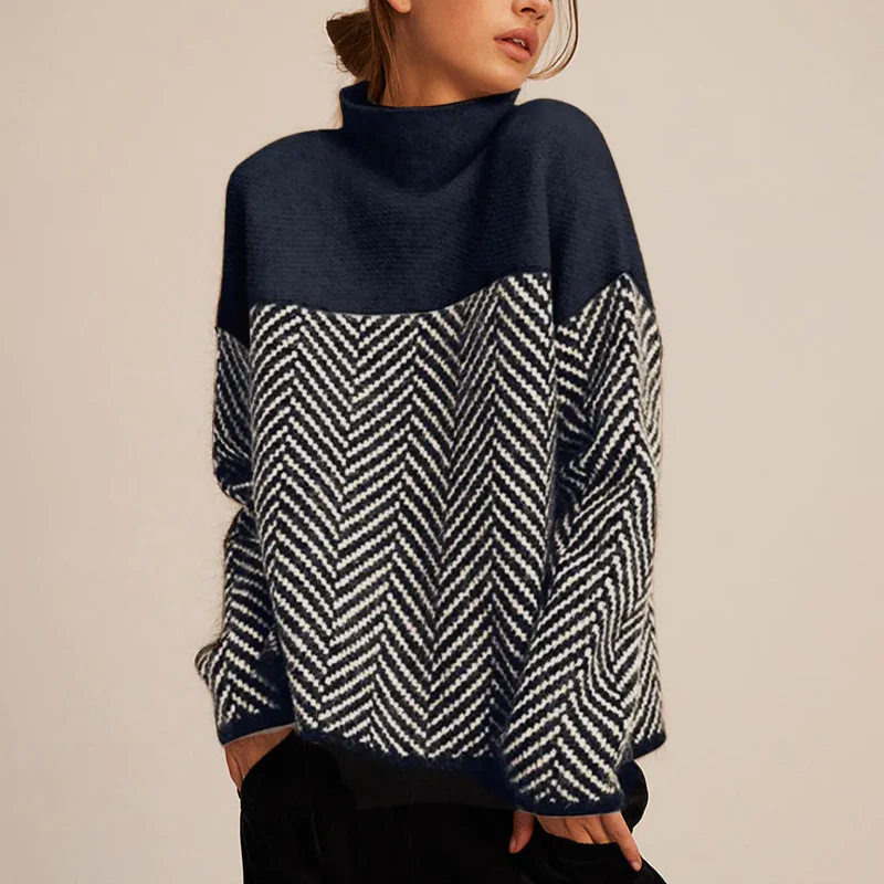 Turtleneck Jumper Chevron Knit Camel Black Women's – Casual, Office, Holiday, Gift