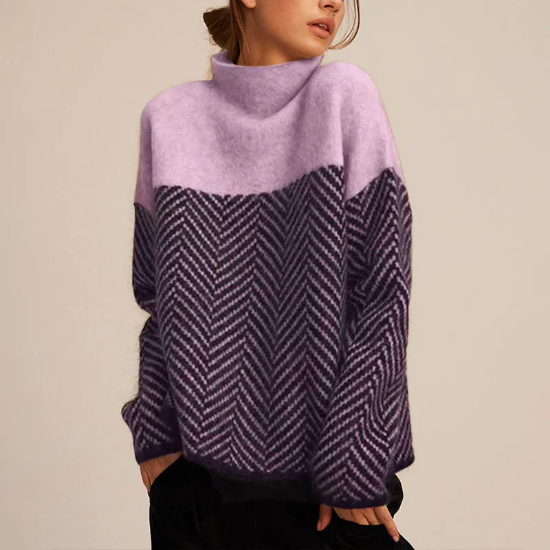 Turtleneck Jumper Chevron Knit Camel Black Women's – Casual, Office, Holiday, Gift