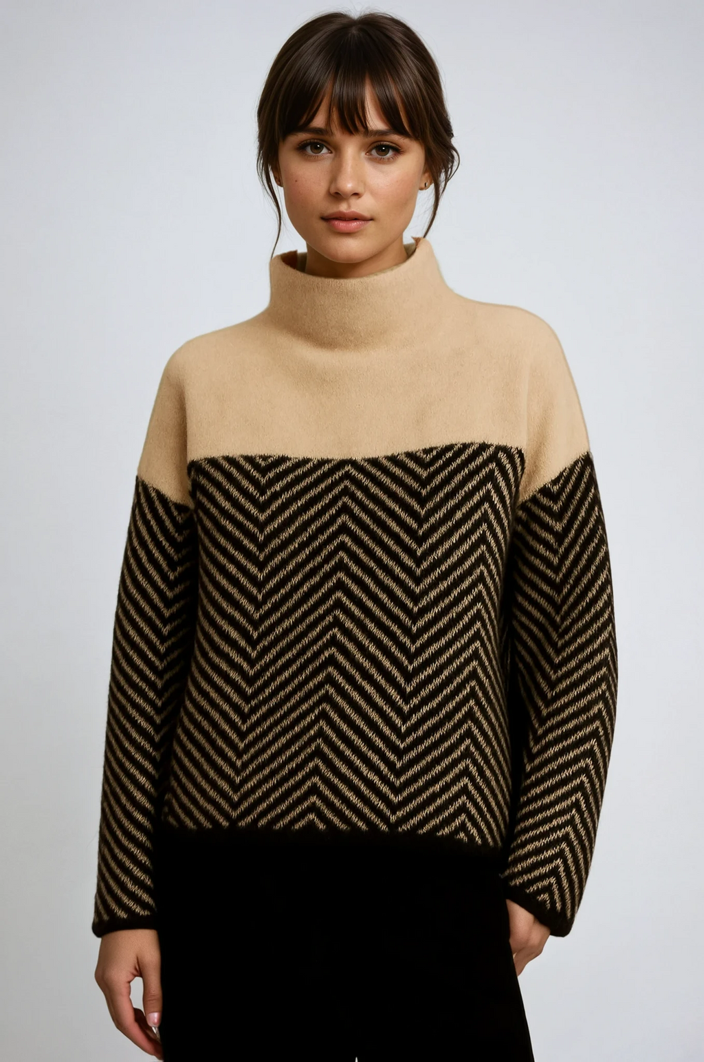 Turtleneck Jumper Chevron Knit Camel Black Women's – Casual, Office, Holiday, Gift