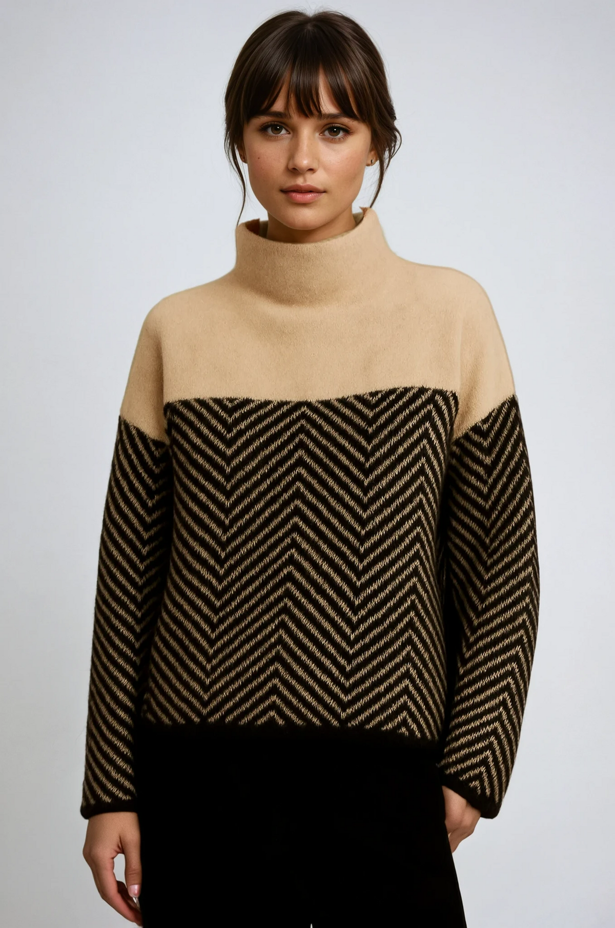 Turtleneck Jumper Chevron Knit Camel Black Women's – Casual, Office, Holiday, Gift