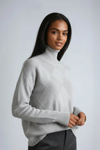 Turtleneck Jumper Cream Diamond Textured Knit Women's – Casual, Office, Winter Layering, Gift