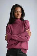 Turtleneck Jumper Cream Diamond Textured Knit Women's – Casual, Office, Winter Layering, Gift