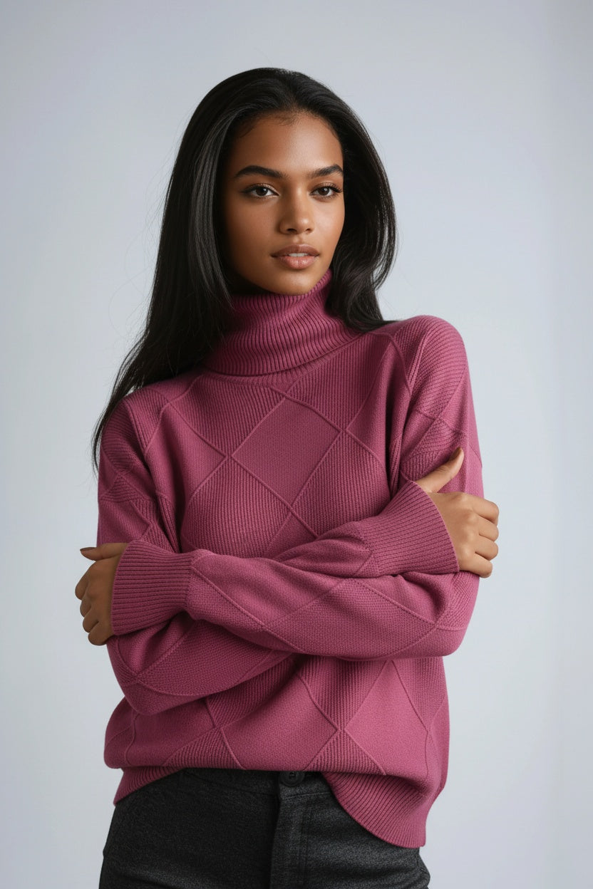 Turtleneck Jumper Cream Diamond Textured Knit Women's – Casual, Office, Winter Layering, Gift