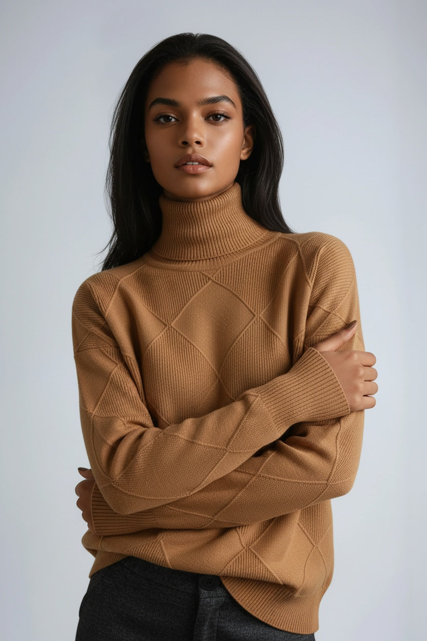 Turtleneck Jumper Cream Diamond Textured Knit Women's – Casual, Office, Winter Layering, Gift