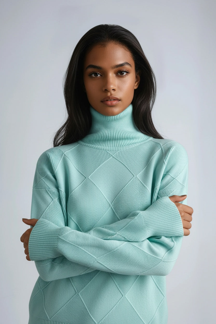 Turtleneck Jumper Cream Diamond Textured Knit Women's – Casual, Office, Winter Layering, Gift