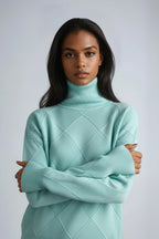 Turtleneck Jumper Cream Diamond Textured Knit Women's – Casual, Office, Winter Layering, Gift