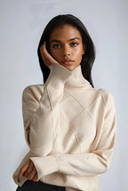 Turtleneck Jumper Cream Diamond Textured Knit Women's – Casual, Office, Winter Layering, Gift