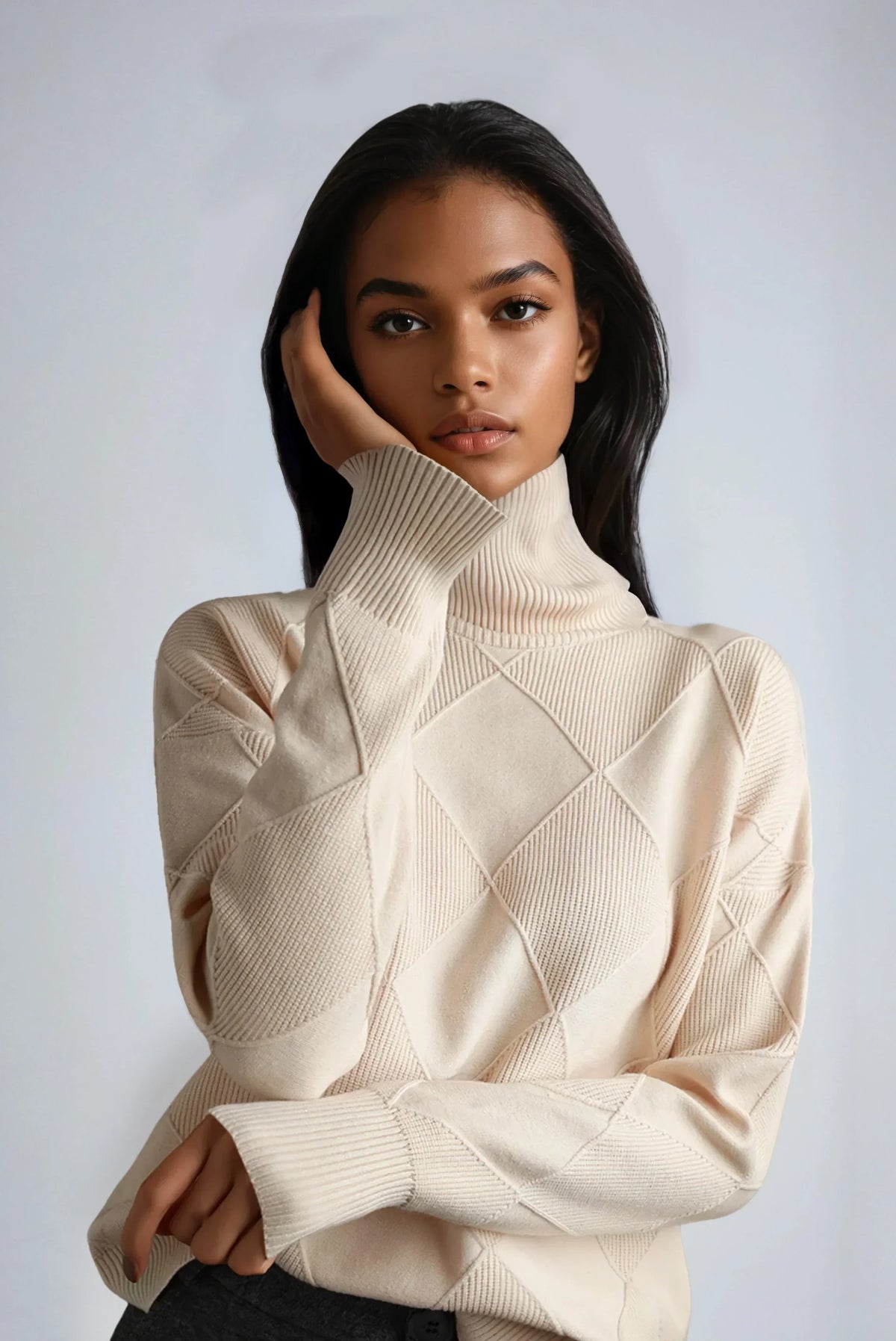 Turtleneck Jumper Cream Diamond Textured Knit Women's – Casual, Office, Winter Layering, Gift