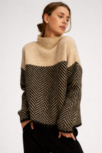 Turtleneck Jumper Herringbone Knit Women's Beige Brown – Casual, Office Winter Wear