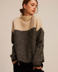 Turtleneck Jumper Herringbone Knit Women's Beige Brown – Casual, Office Winter Wear