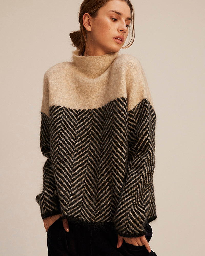 Turtleneck Jumper Herringbone Knit Women's Beige Brown – Casual, Office Winter Wear