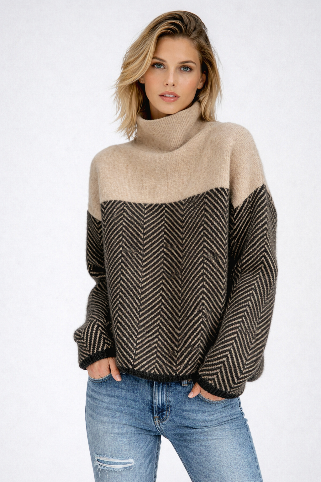 Turtleneck Jumper Herringbone Knit Women's Beige Brown – Casual, Office Winter Wear