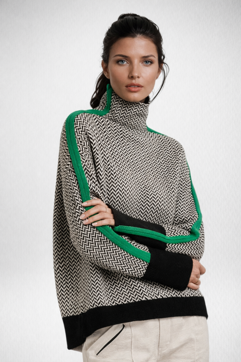Turtleneck Jumper Herringbone Knit Women's Contrast Stripe Pullover – Casual, Office