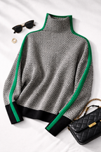 Turtleneck Jumper Herringbone Knit Women's Contrast Stripe Pullover – Casual, Office