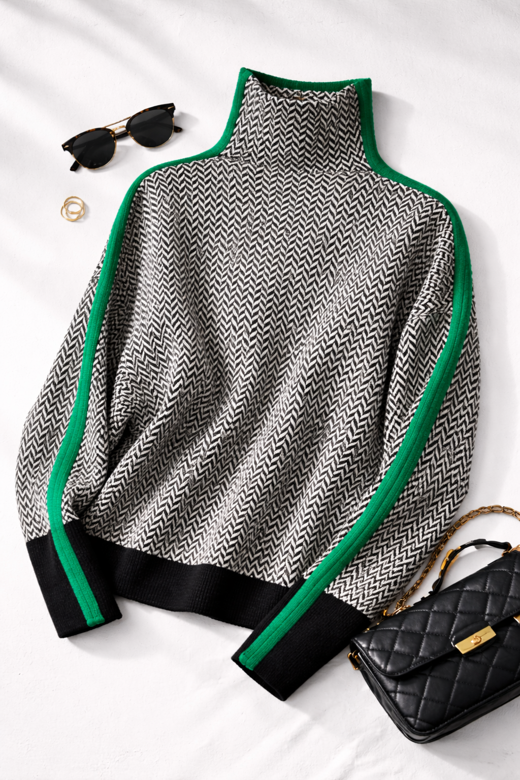 Turtleneck Jumper Herringbone Knit Women's Contrast Stripe Pullover – Casual, Office