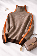 Turtleneck Jumper Herringbone Knit Women's Contrast Stripe Pullover – Casual, Office