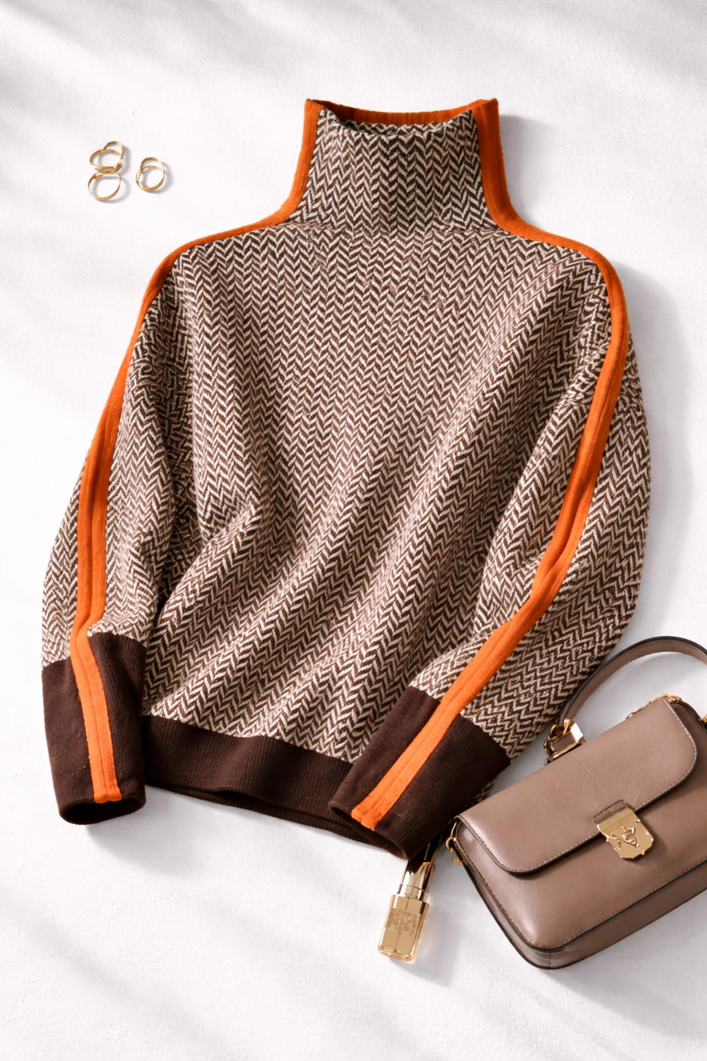 Turtleneck Jumper Herringbone Knit Women's Contrast Stripe Pullover – Casual, Office