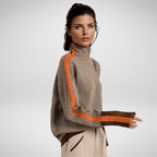 Turtleneck Jumper Herringbone Knit Women's Contrast Stripe Pullover – Casual, Office