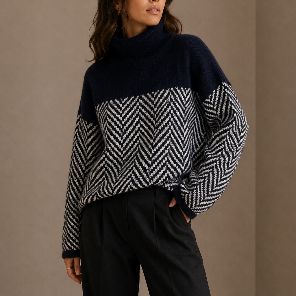 Turtleneck Jumper Herringbone Knit Women's Oversized Purple – Casual, Winter, Office, Holiday, Gift