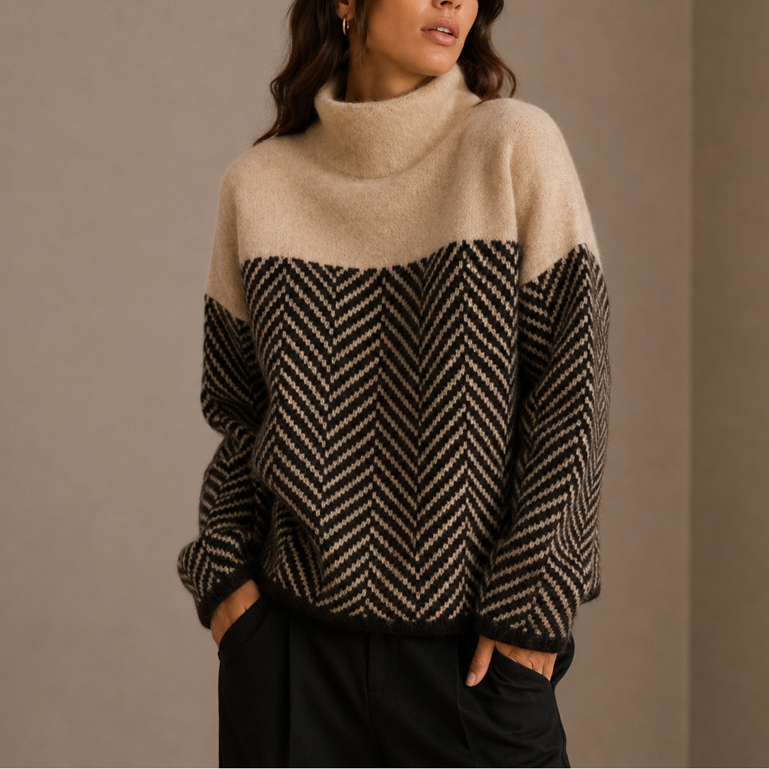 Turtleneck Jumper Herringbone Knit Women's Oversized Purple – Casual, Winter, Office, Holiday, Gift