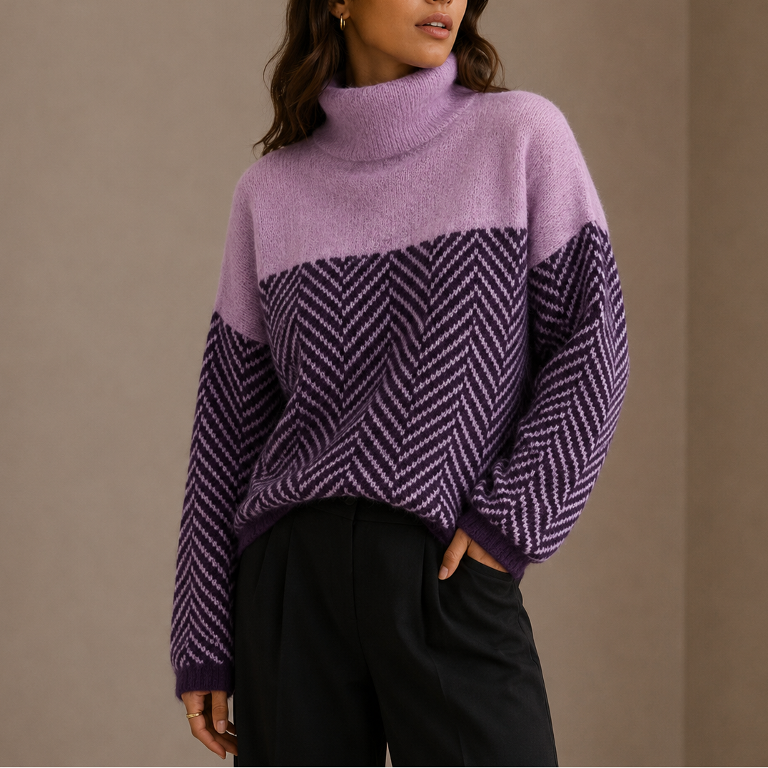 Turtleneck Jumper Herringbone Knit Women's Oversized Purple – Casual, Winter, Office, Holiday, Gift