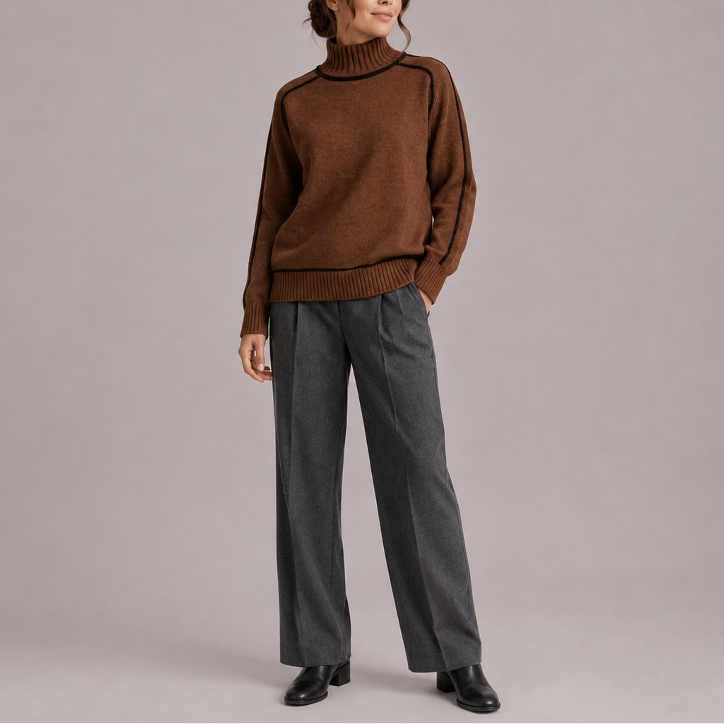 Turtleneck Jumper Knit Cream Contrast Trim Women's – Casual, Office, Holiday, Gift