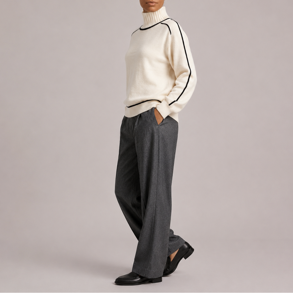Turtleneck Jumper Knit Cream Contrast Trim Women's – Casual, Office, Holiday, Gift