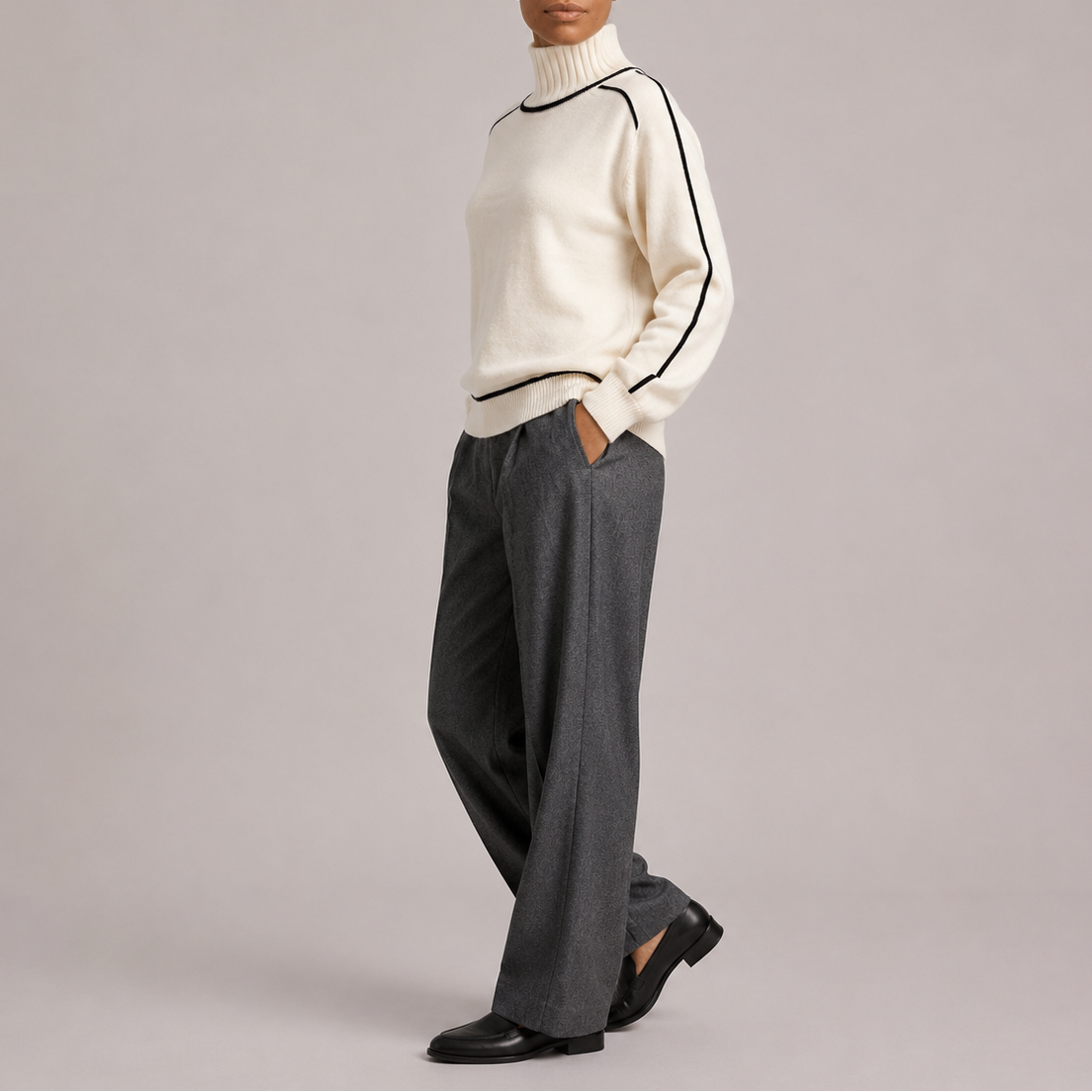 Turtleneck Jumper Knit Cream Contrast Trim Women's – Casual, Office, Holiday, Gift