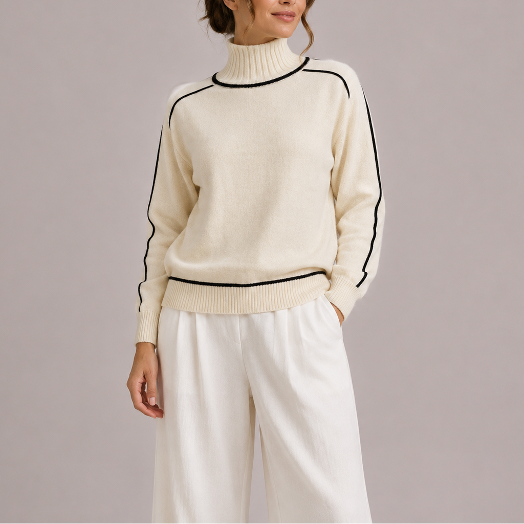 Turtleneck Jumper Knit Cream Contrast Trim Women's – Casual, Office, Holiday, Gift