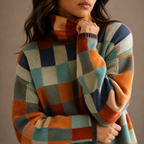 Turtleneck Jumper Knit Women's Checkered Oversized Sweater – Casual, Winter Office Wear