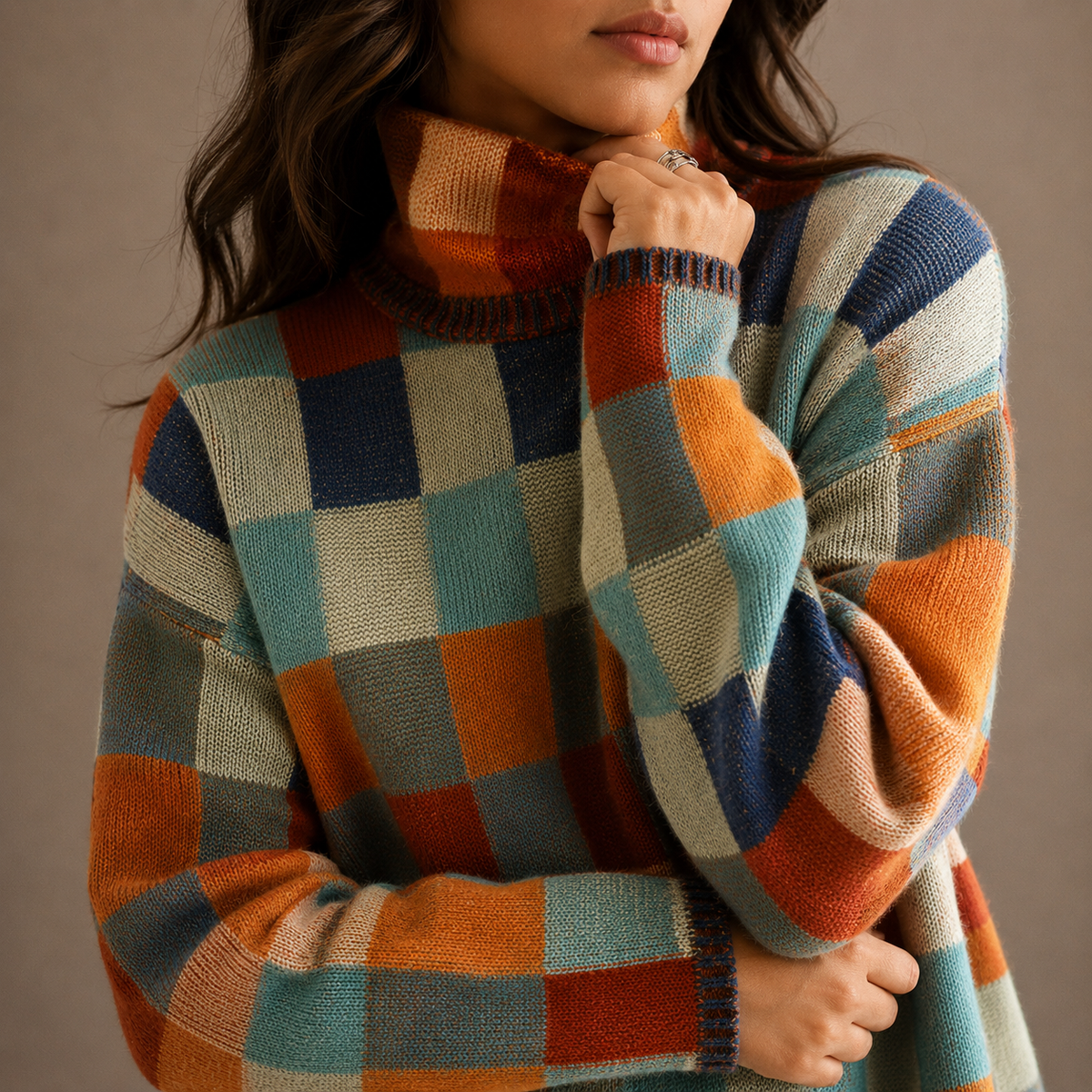 Turtleneck Jumper Knit Women's Checkered Oversized Sweater – Casual, Winter Office Wear