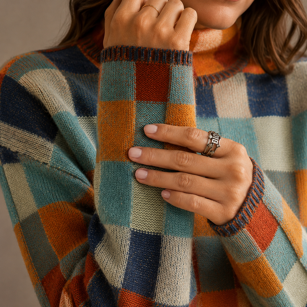 Turtleneck Jumper Knit Women's Checkered Oversized Sweater – Casual, Winter Office Wear