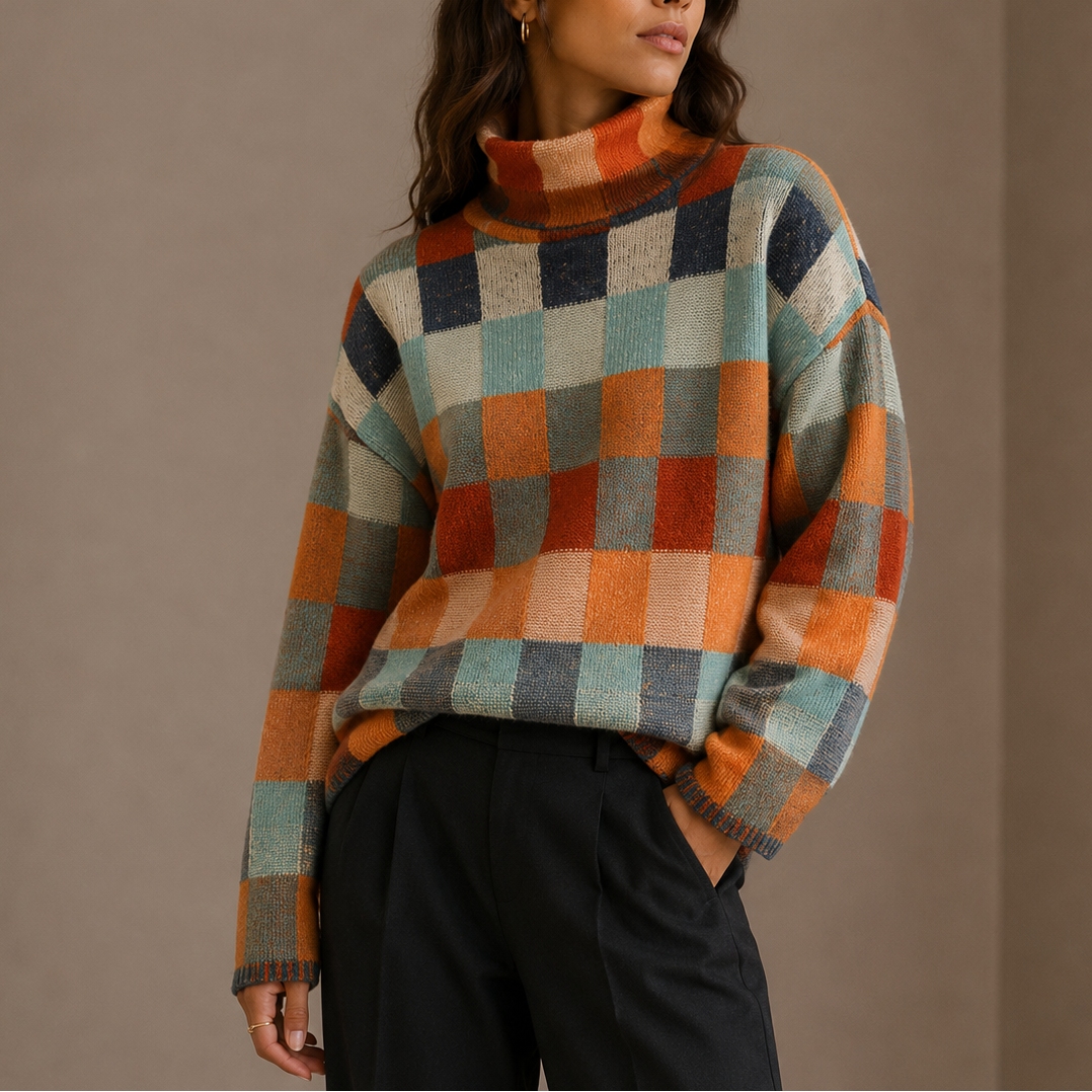 Turtleneck Jumper Knit Women's Checkered Oversized Sweater – Casual, Winter Office Wear