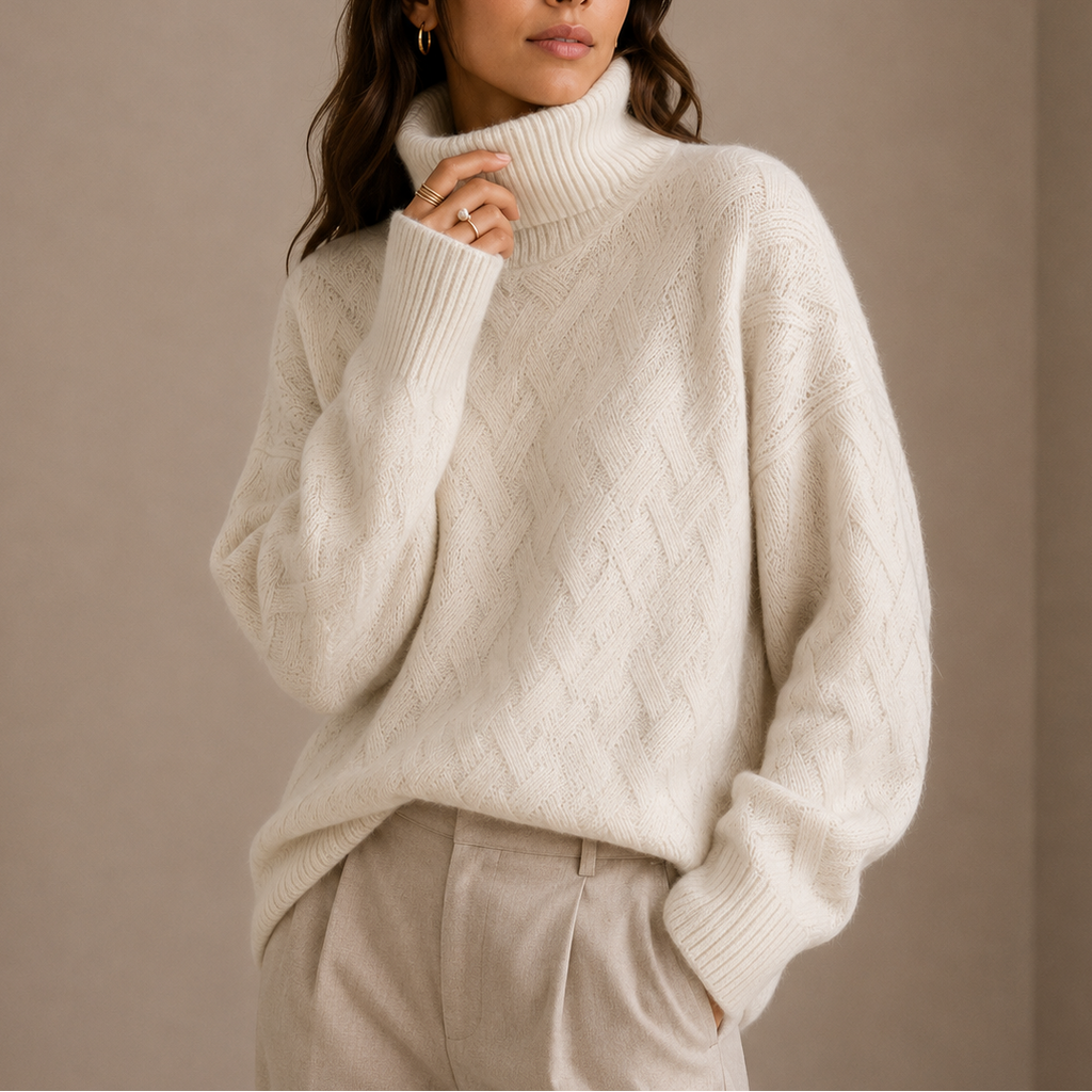 Turtleneck Jumper Knitted Beige Women's Cable Knit Sweater – Casual, Office, Winter, Gift
