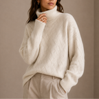 Turtleneck Jumper Knitted Beige Women's Cable Knit Sweater – Casual, Office, Winter, Gift