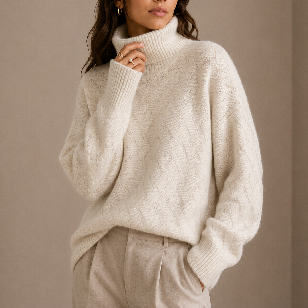 Turtleneck Jumper Knitted Beige Women's Cable Knit Sweater – Casual, Office, Winter, Gift