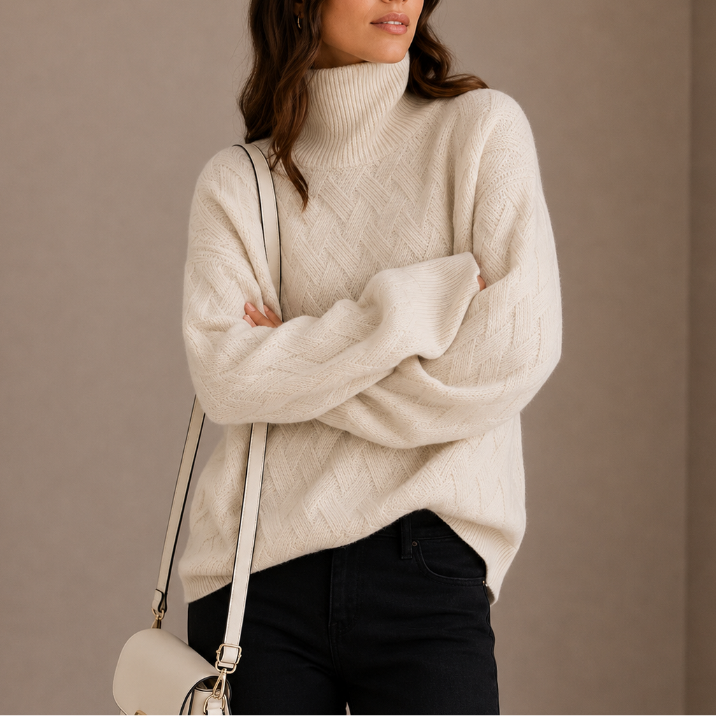 Turtleneck Jumper Knitted Beige Women's Cable Knit Sweater – Casual, Office, Winter, Gift