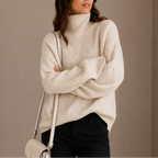 Turtleneck Jumper Knitted Beige Women's Cable Knit Sweater – Casual, Office, Winter, Gift