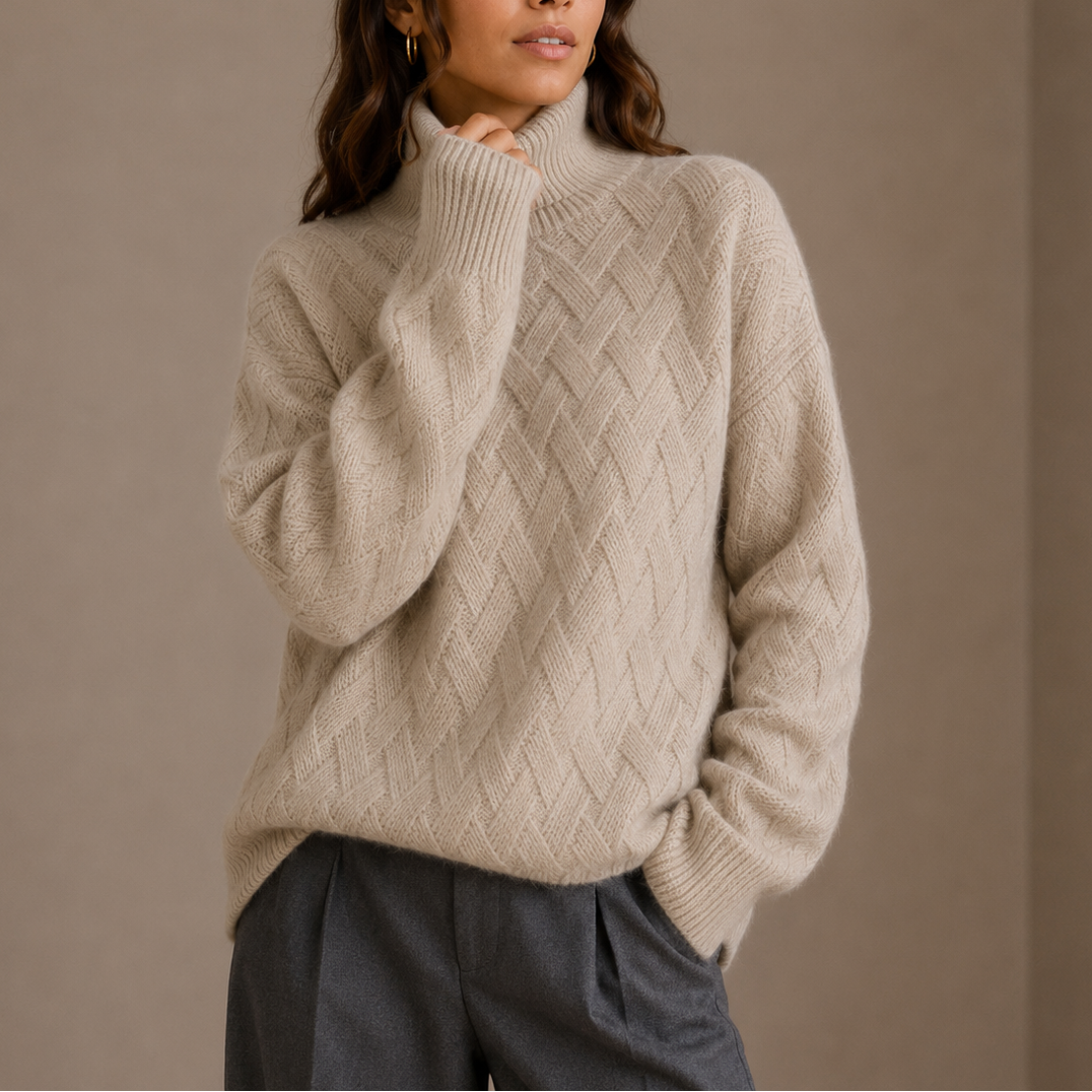 Turtleneck Jumper Knitted Beige Women's Cable Knit Sweater – Casual, Office, Winter, Gift
