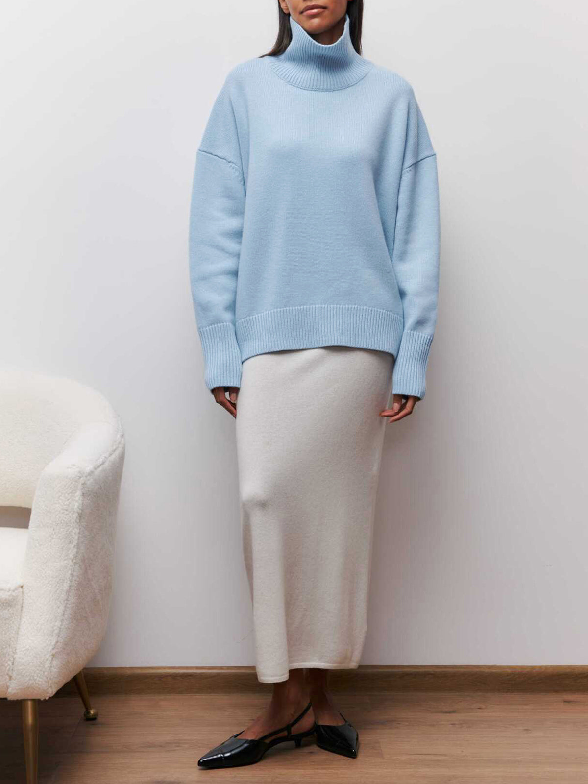 Turtleneck Jumper Oversized Knit Light Blue Women's – Casual, Office, Winter, Gift
